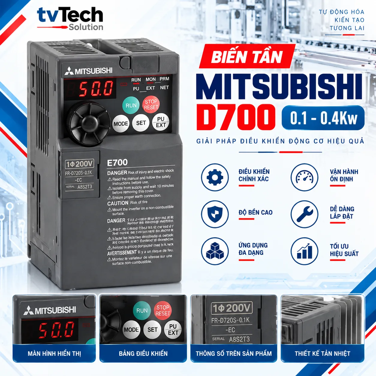 Biến Tần Động Cơ 3 Pha 220V Mitsubishi D700 0.1Kw - 0.4Kw