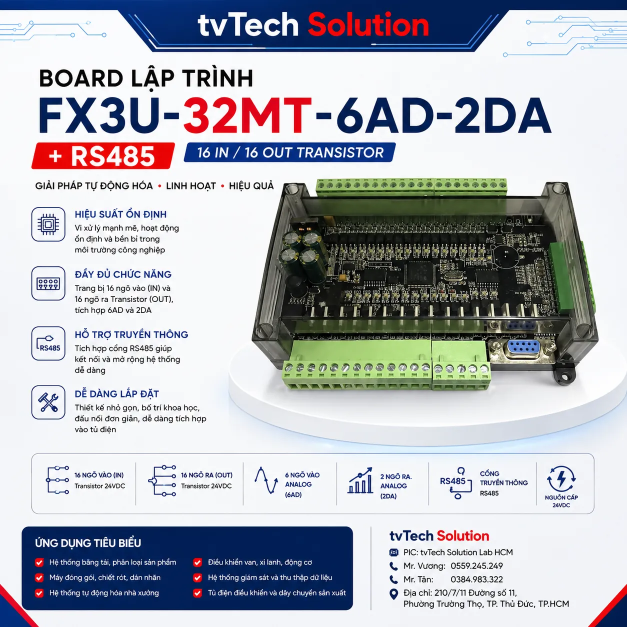 Board lập trình FX3U-32MT-6AD-2DA + RS485 (16 in / 16 out Transistor)