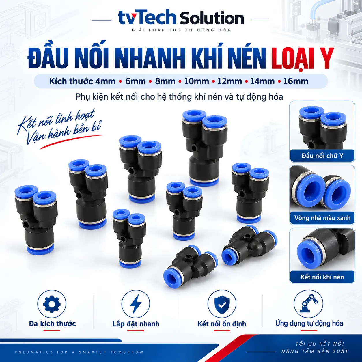 Đầu nối khí nhanh chứ Y 4mm - 16mm