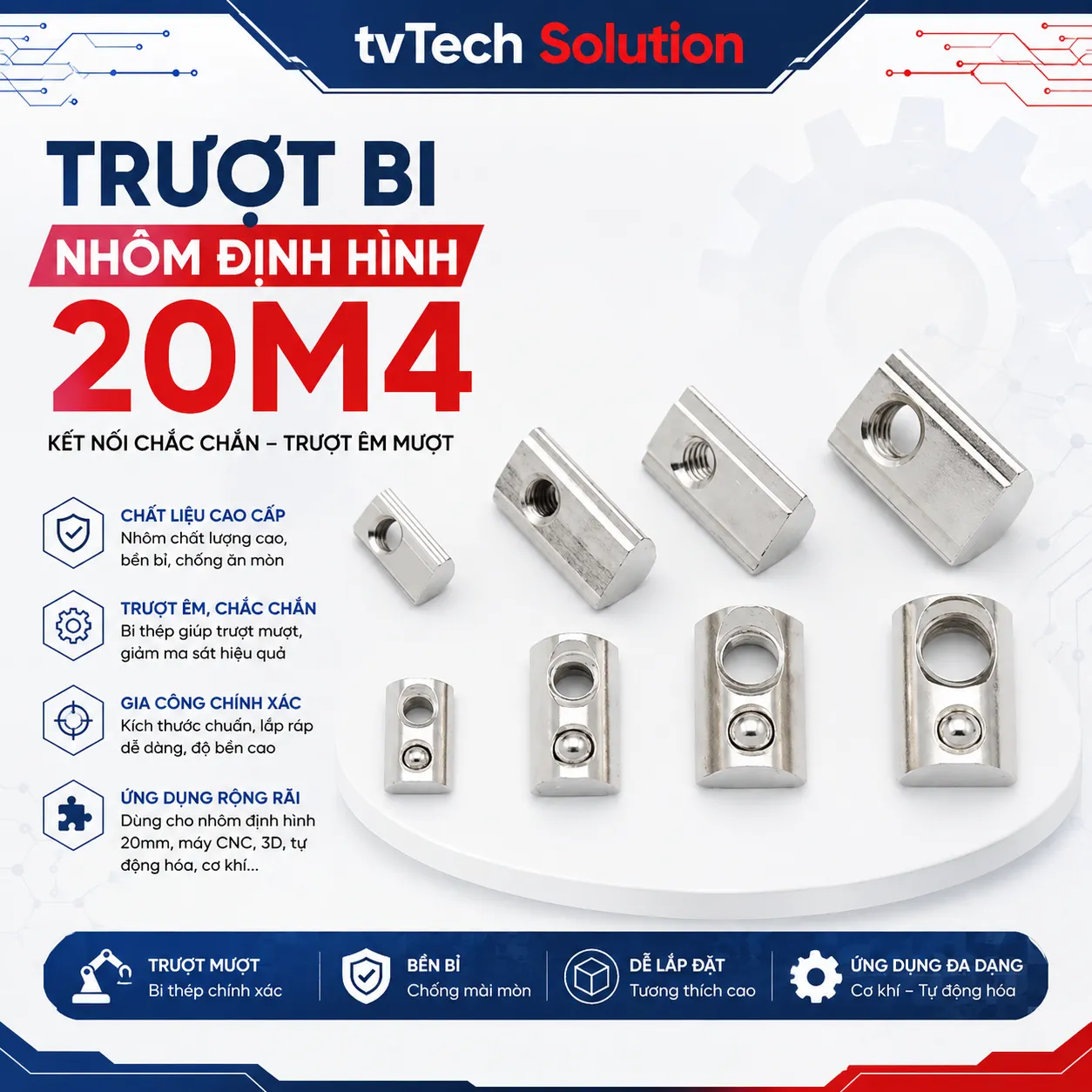 Trượt Bi Cho Nhôm Định Hình 2020, Kích Thước Lỗ M4 (20M4)