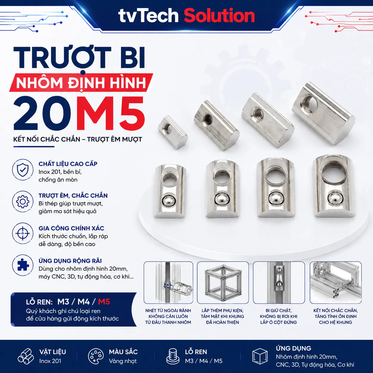 Trượt Bi Cho Nhôm Định Hình 2020, Kích Thước Lỗ M5 (20M5)