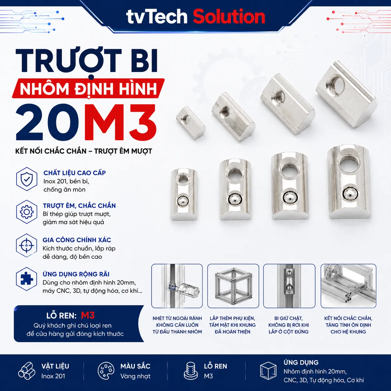 Trượt Bi Cho Nhôm Định Hình 2020, Kích Thước Lỗ M3 (20M3)