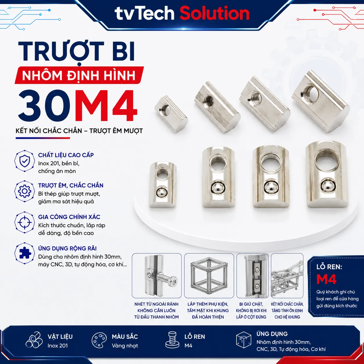 Trượt Bi Cho Nhôm Định Hình 3030, Kích Thước Lỗ M4 (30M4)