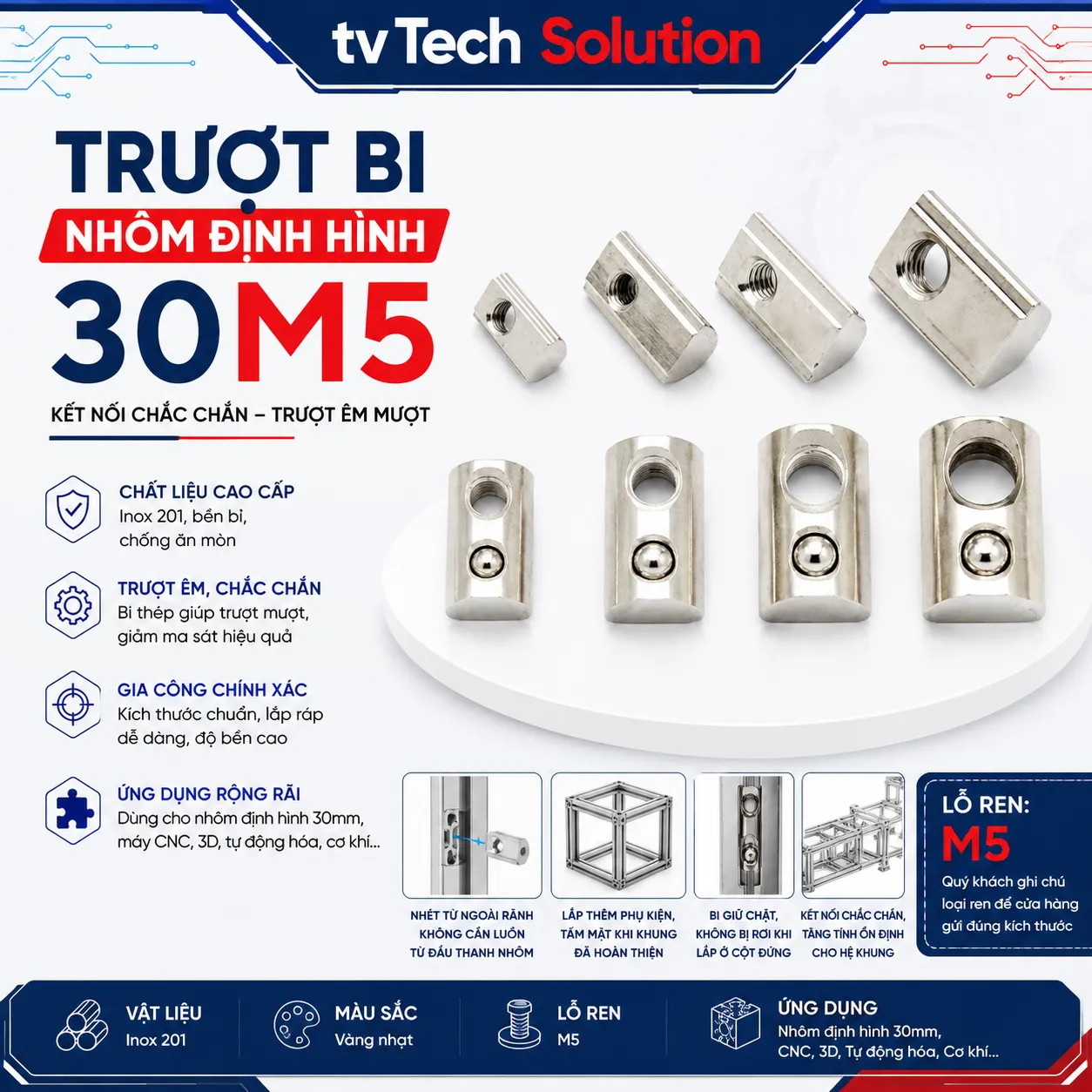 Trượt Bi Cho Nhôm Định Hình 3030, Kích Thước Lỗ M5 (30M5)