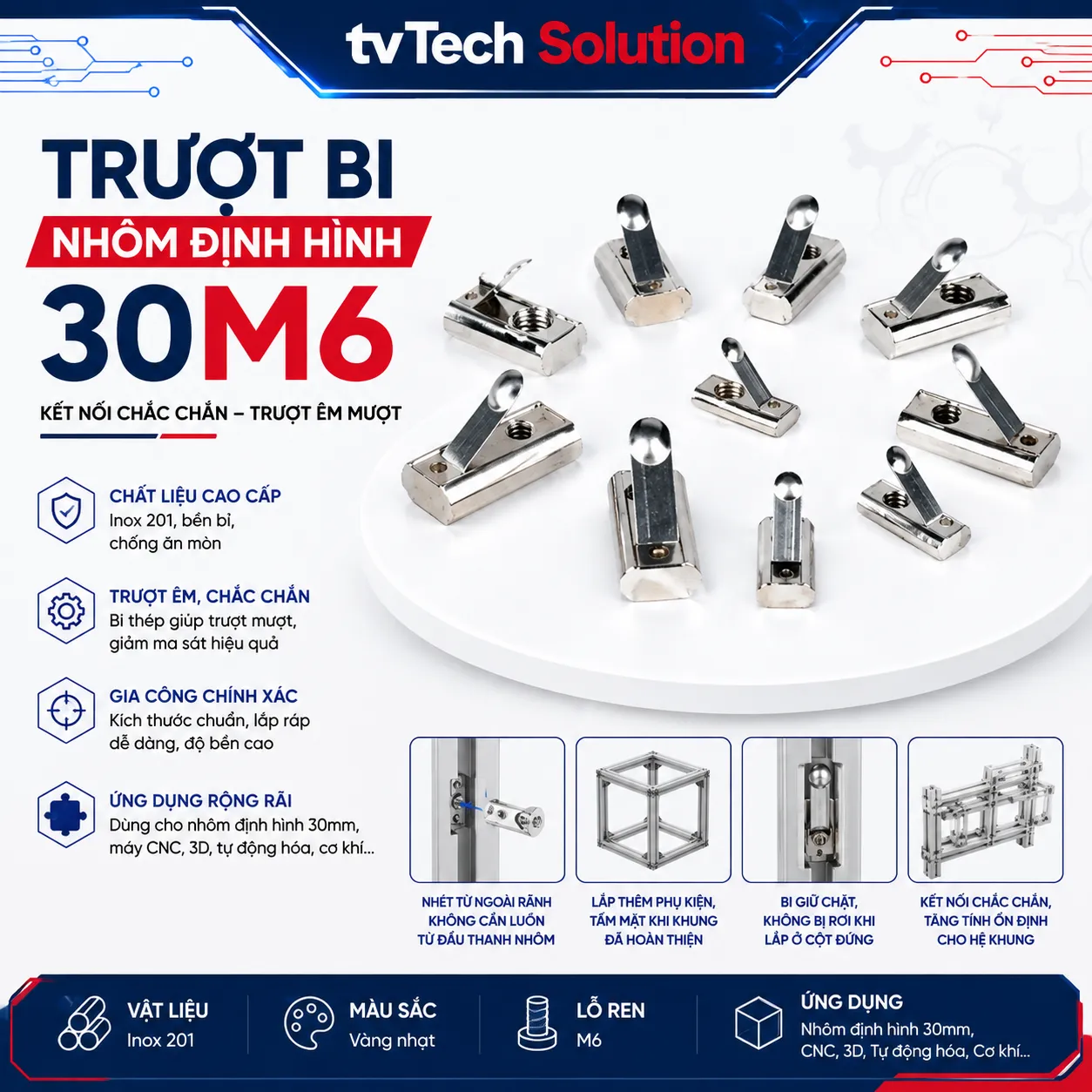 Trượt Bi Cho Nhôm Định Hình 3030, Kích Thước Lỗ M6 (30M6)