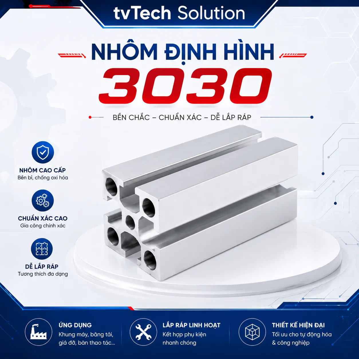 Thanh Nhôm 3030 EU | Nhôm Định Hình 30×30 Chuẩn Châu Âu