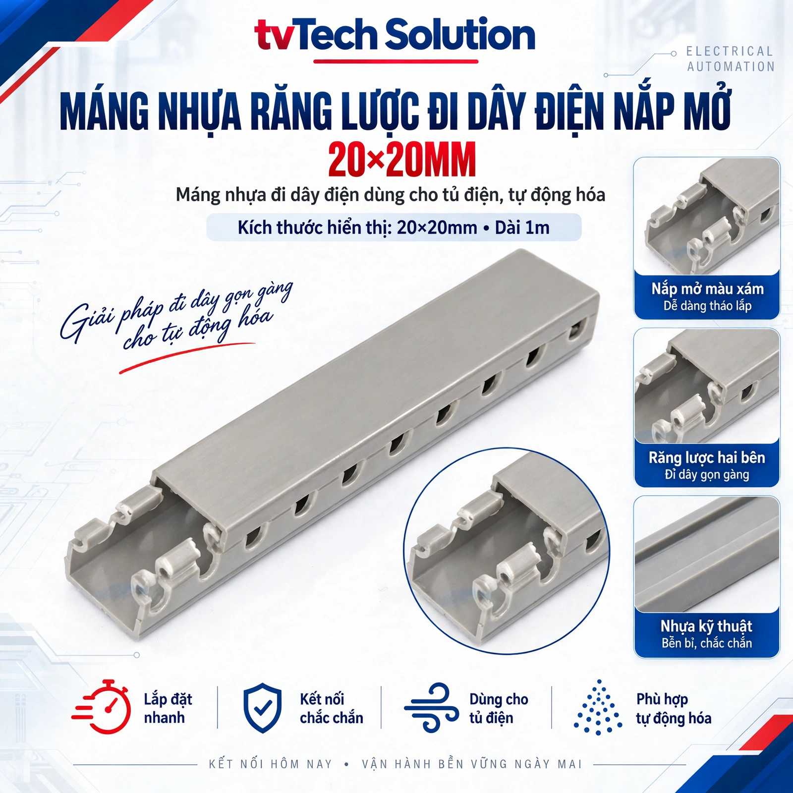 Máng Nhựa Răng Lược Đi Dây Điện Nắp Mở Màu Xám 20x20mm Dài 1m